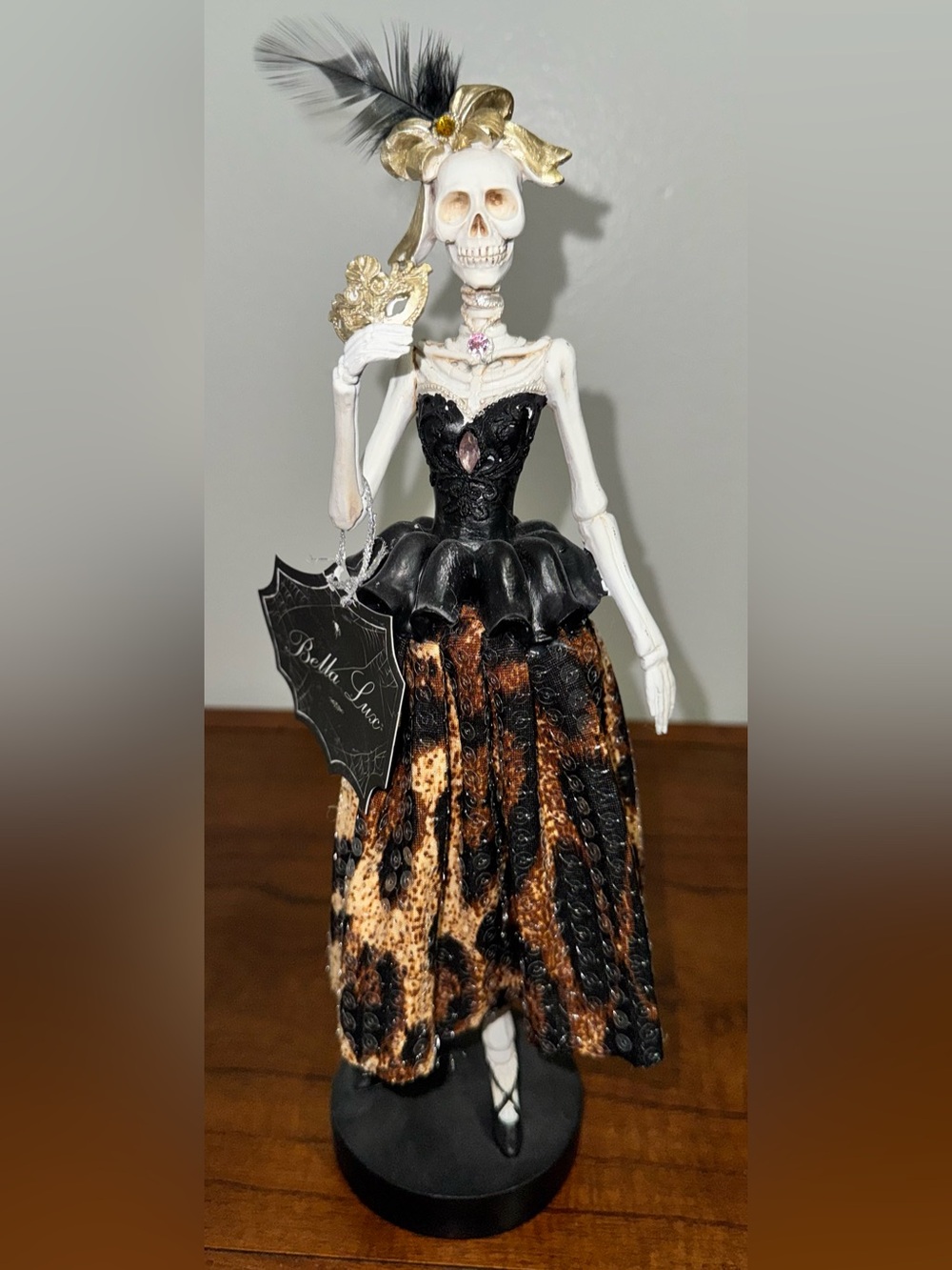 🥰 Bella Lux Halloween Skeleton Bow Mask Lady Figurine Leopard Sequin Dress 👗